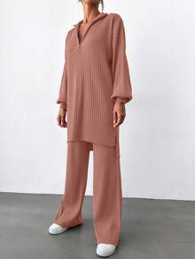 EURMUSE Women's Casual Solid Color Ribbed Knit Drop Shoulder Sweater And Pants 2-Piece Set, Autumn/Winter - Rose Red - View 4