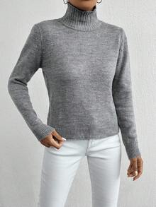 Cloudara Mock Neck Drop Shoulder Crop Sweater - Light Grey - View 4