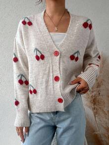 EURMUSE Cherry Pattern Drop Shoulder Cardigan - Beige - View 3