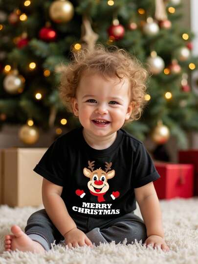 SHEIN Bluzka dla chłopca w stylu casual, minimalistycznym, z krótkim rękawem i nadrukiem w renifery, idealna na jesień/zimę i święta Bożego Narodzenia