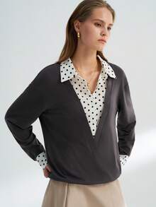 INAWLY Women's Solid Color Polka Dot Print Long Sleeve 2 In 1 Shirt - Dark Grey - View 1