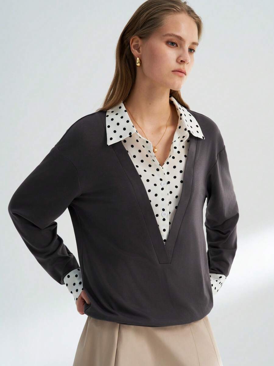 INAWLY Women's Solid Color Polka Dot Print Long Sleeve 2 In 1 Shirt - Dark Grey - View 1