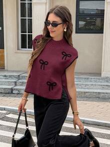 2026 Chaleco de mujer con cuello de contraste, sin mangas, decorado con lazo.Chaleco de punto holgado con cuello alto pequeño, lazo 3D, casual.Suéter de cuello redondo casual, decorado con concha a ganchillo, con ribete de color contrastante, para otoño/invierno - Burdeos - Ver 5