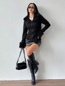 SHEIN PETITE 1 件女式黑色拉链夹克，带人造毛领和腰带，适合日常、通勤、休闲和家居穿着，冬季 - 黑色 - 查看 3