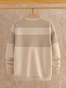 EASEVO Plus Size Men's Crew Neck Contrast Color Waffle Patchwork Long Sleeve Pullover Sweatshirt - Apricot - View 2