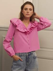 lacRébo 粉色纽扣前襟衬衫，饰有超大荷叶边 - 粉色 - 查看 5