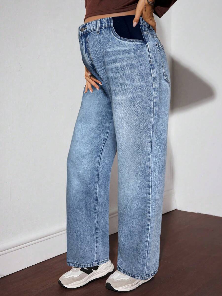 SHEIN 孕妇休闲水洗宽松直筒牛仔裤 - 中等水洗藍 - 查看 1