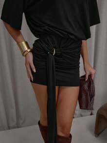 MUSERA Loose Fit Square Shoulder Fitted Drape Ring Detail T-Shirt Dress Streetwear Cute Classy Casual Sexy Going Out Fall Autumn Winter Evening  Elegant   Party