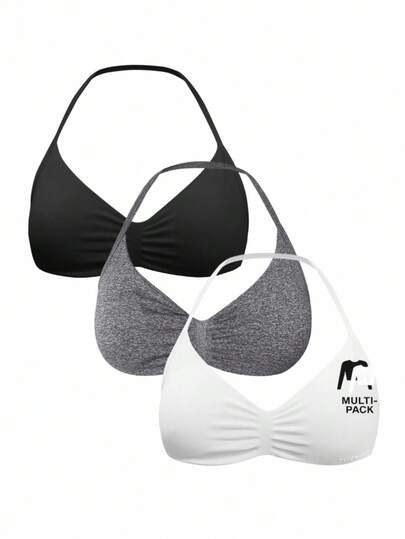 Musera Sport Set da 3 reggiseni sportivi casual con collo alto e arricciature, colori misti, adatti per attività fisica, palestra, autunno, ritorno a scuola