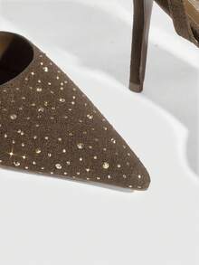 CUCCOO SZL Champagne Satin Color Block Rhinestone Embellished Pointed Toe Stiletto Hollow Out Formal Pumps