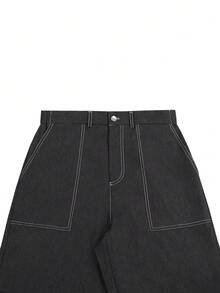 Manfinity Homme Quần nam, thiết kế đường khâu lộ rõ, ống đứng rộng rãi, thoải mái - Màu xám đen - Xem 4