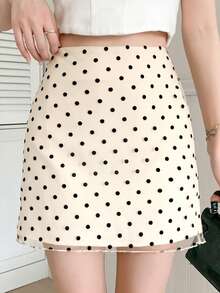 DAZY 女士时尚波尔卡圆点A字迷你裙夏季，荷叶边 - 米色 - 查看 1