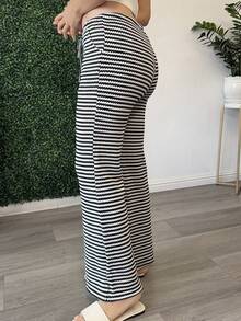 Andrea Bello Women's Summer Knitted Drawstring Straight Leg Striped Casual Pants - Black and White - View 5