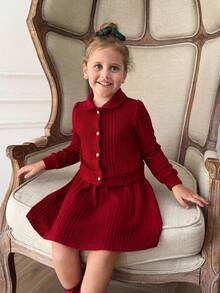 SHEIN 2pcs Young Girls Elegant School Style Christmas Red Striped Collared Cardigan And Mini Skirt Set,Perfect For Autumn,7th Birthday,Parties,Daily Wear - Red - View 1