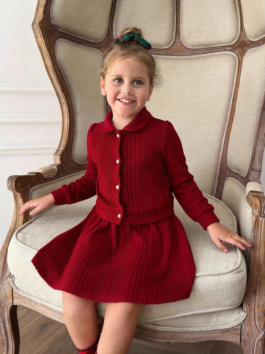 SHEIN 2pcs Young Girls Elegant School Style Christmas Red Striped Collared Cardigan And Mini Skirt Set,Perfect For Autumn,7th Birthday,Parties,Daily Wear - Red - View 1