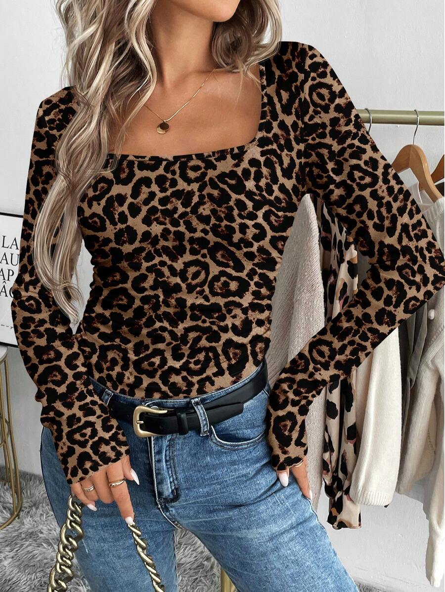 SHEIN LUNE 女士休闲豹纹长袖T恤，适合秋冬打底 - 棕色 - 查看 1