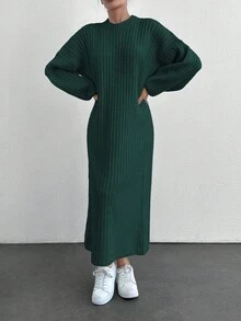 EURMUSE Women Casual Solid Color Long Sweater Dress, Autumn/Winter - Dark Green - View 3