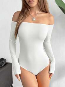 SHEIN EZwear 1件套白色针织露肩女式紧身衣 - 白色 - 查看 4