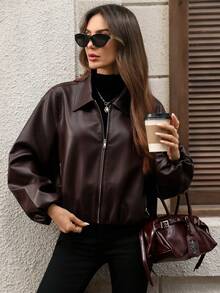 EMERY ROSE 女式街头时尚PU拉链长袖夹克 - 棕色 - 查看 7