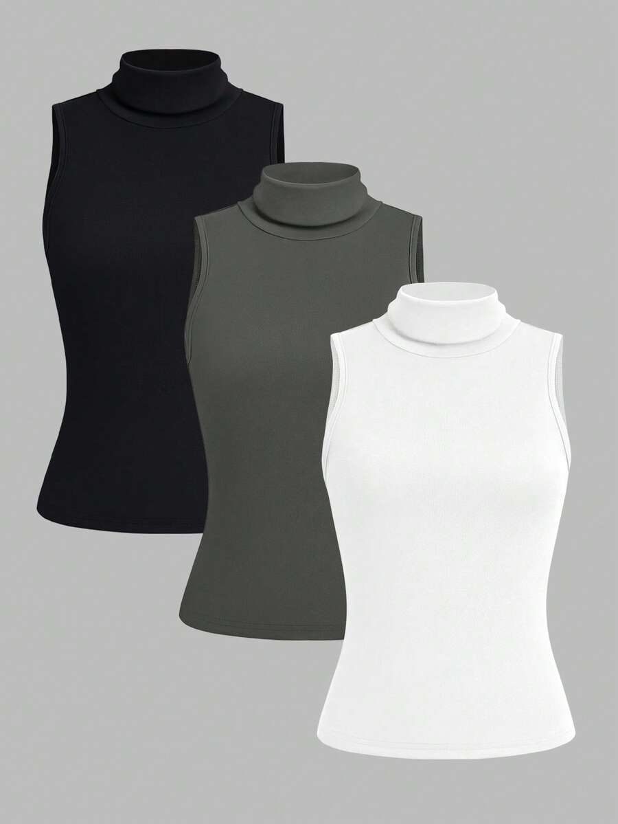 SHEIN LUNE 3 件套女式简约纯色无袖高领背心套装，日常穿着 - 彩色 - 查看 1