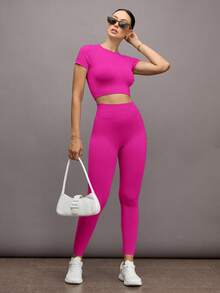 Activina Conjunto deportivo para mujer de manga raglán sólido y sin costuras, con alto nivel de estiramiento - Rosa Fucsia - Ver 3