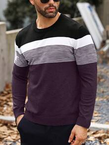 Manfinity Homme 男士休闲日常撞色圆领长袖毛衣，秋冬 - 紫色 - 查看 3