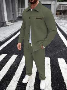 Manfinity Homme 男士口袋衬衫和松紧腰带裤休闲两件套，男士两件套服装，男士卡其色套装，男士慢跑裤套装，冬季款 - 軍綠色 - 查看 6