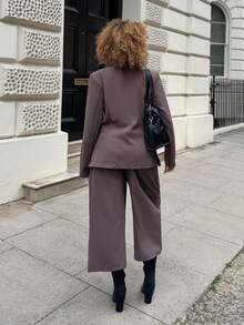 StreetHx 2pcs Women Streetwear Old Money Solid Color Blazer Jacket And 3/4 Shorts Set, Autumn - Mocha Brown - View 3