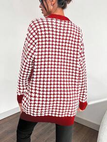EURMUSE Women's Button-up Cardigan With Houndstooth And Contrasting Stripes - Red - View 2