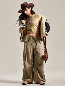 Easelle Casual Pleated Metal Decorative Military Style Vintage Nomadic Wide Leg Sexy Low Waist Women Pants