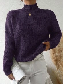 EURMUSE Women's Mock Neck Drop Shoulder Sweater - Lilac Purple - View 3