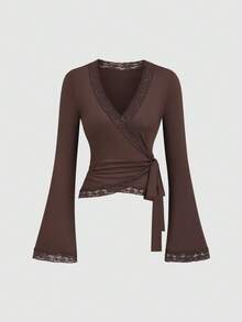 Sweetra Women's Coffee Brown Lace Trim V-Neck Criss-Cross Tie Waist Long Sleeve Straight Leg Pants Elegant 2 Pieces Set, Autumn/Winter - Coffee Brown - View 3