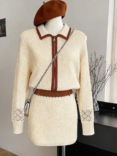 Muvela 女式复古学院风撞色针织毛衣和迷你裙套装，适合返校、教师节、休闲装、秋季