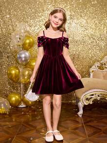 SHEIN Glowmode Tween Girl Elegant Velvet Off Shoulder Bustier Dress,Waist Cinching,Ruched Faux Pearl Embellishments Burgundy Autumn Birthday Dress 11 Years - Red - View 4