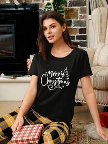SHEIN Doze Lane Christmas Letter Print Short Sleeve Top And Plaid Pants Women Casual Pajama Set - Yellow - View 5