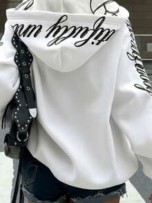 SHEIN EZwear 女士白色连帽拉链长袖字母刺绣设计休闲卫衣，长袖上衣，毕业季、返校季服装，毕业季，女教师服装，秋冬返校季外套，Y2K白色女式外套，Y2K卫衣 - 白色 - 查看 7