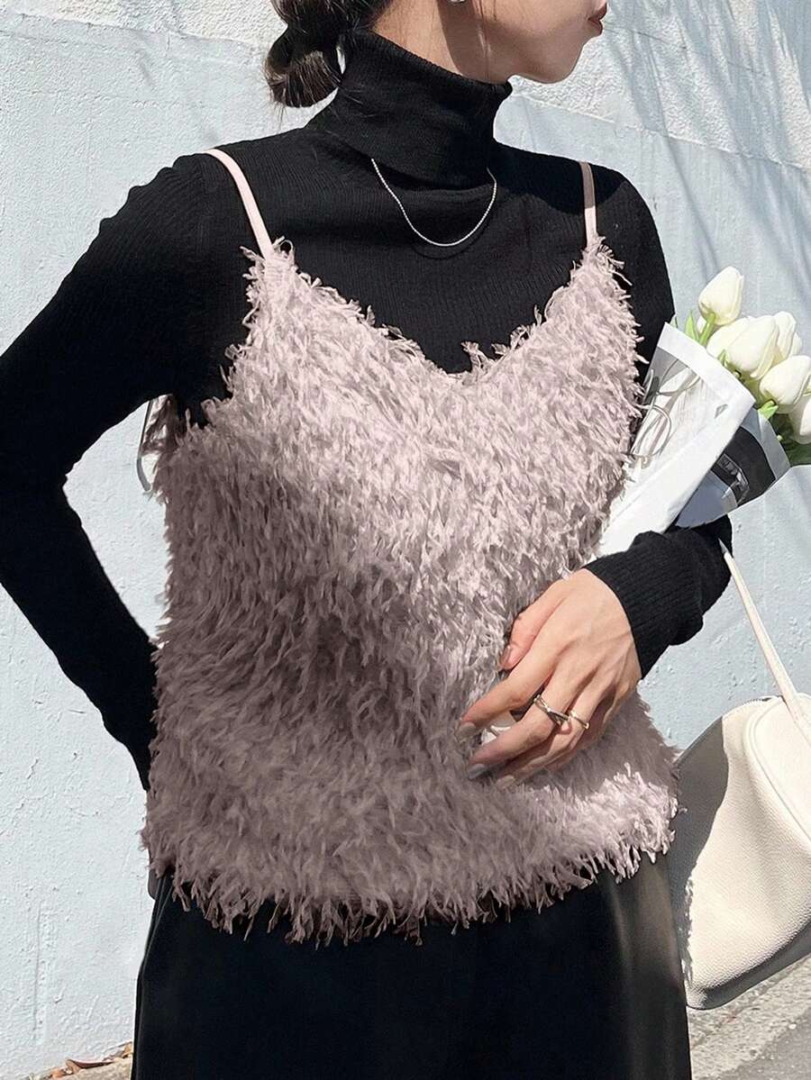 FRIFUL Women's Solid Beige Fuzzy Fabric Layered Slim Fit Camisole, Versatile For Airport Travel Casual Wear, Autumn - Grey - View 1
