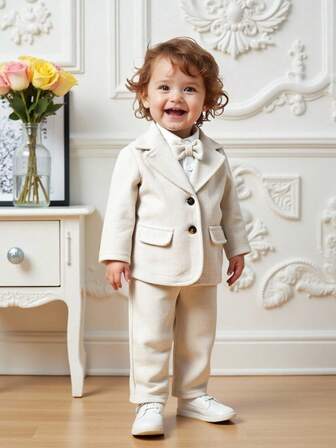 Souflis Souflis 3 ชิ้น ชุด 2025 ฤดูใบไม้ร่วง/ฤดูหนาว สไตล์ฝรั่งเศสใหม่ เสื้อเบลเซอร์สีเบจหรูหรา, เสื้อเชิ้ตแขนยาวสีขาว, กางเกงสีเบจ, เหมาะสำหรับงานสังสรรค์, การออกนอกบ้าน, วันหยุด และโอกาสอื่นๆ, ชุดสุภาพบุรุษสำหรับเด็กชายวัยหัดเดิน