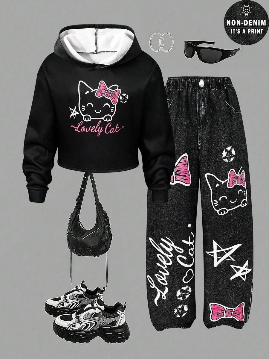 Sparklyn Tween Girls 休闲百搭日常涂鸦图案连帽短款卫衣 + 牛仔风格涂鸦宽松裤套装 - 黑與白 - 查看 1