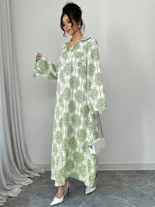 Al Najma 全印花开叉优雅长袖阿拉伯连衣裙 - 薄荷綠 - 查看 7