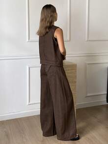 DAZY 女士圆领开衫和阔腿牛仔裤休闲套装 Y2k - 咖啡棕 - 查看 5