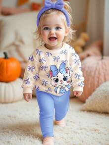 2pcs/Set Baby Girl Casual Loose Thick Soft Round Neck Long Sleeve Sweatshirt And Leggings Set, Cream White & Cream Blue, Cute Cartoon Cat, Leopard Bow Print, Suitable For Autumn & Winter - Multicolor - View 4