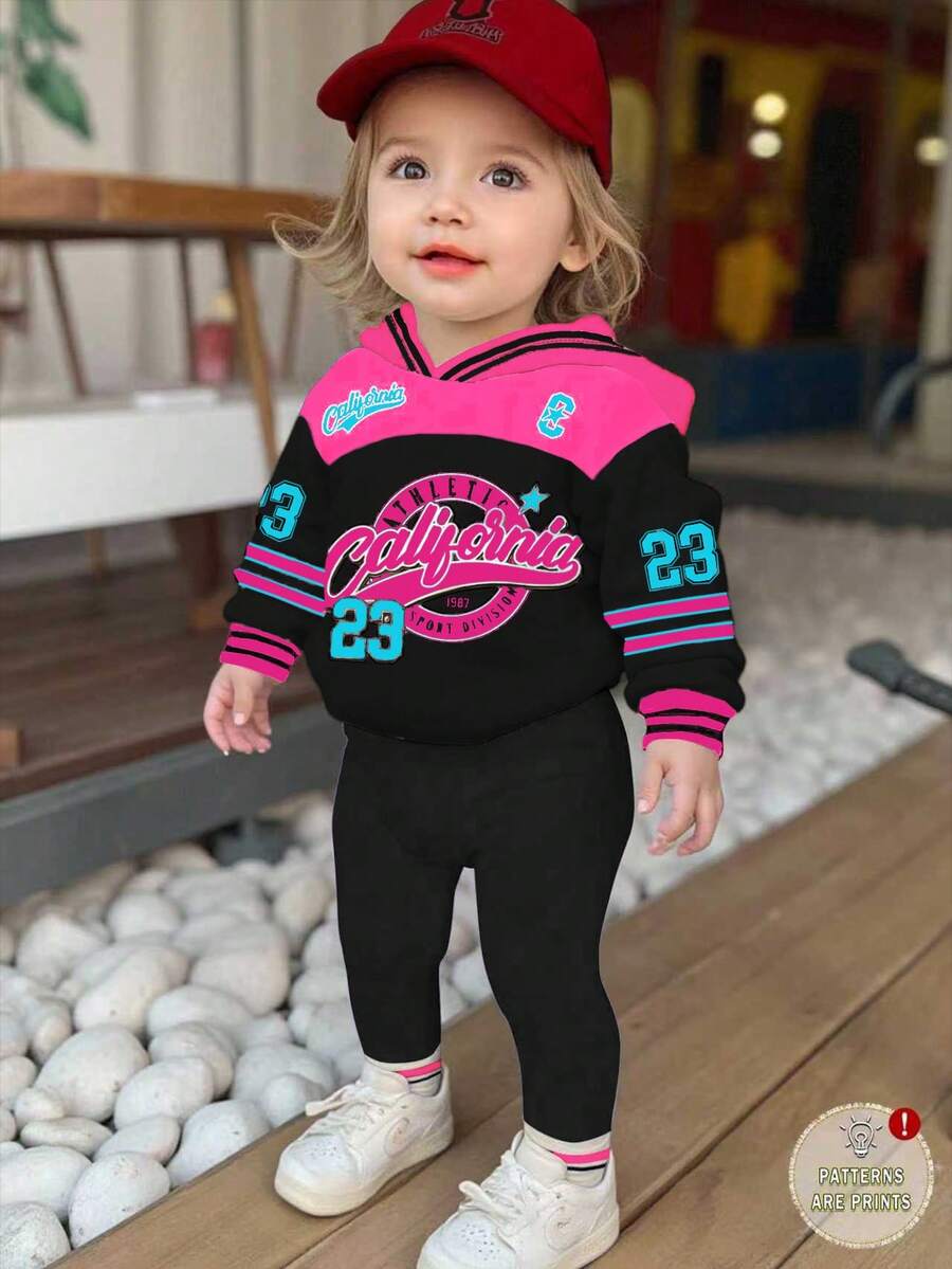 Bubblio 2 件女婴休闲复古字母和数字徽章图案连帽运动衫和宽松裤子套装，运动时尚 - 彩色 - 查看 1