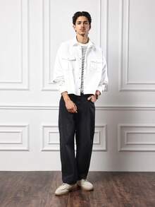 SUMWON 短款实用口袋白色牛仔宽松衬衫，翻盖纽扣闭合，长袖宽松版型，街头风，秋冬叠穿必备基础款纯色 - 白色 - 查看 6