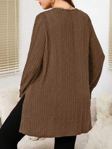 EMERY ROSE Plus Size Solid Color V-Neck Ribbed Casual Long Sleeve T-Shirt - Brown - View 2