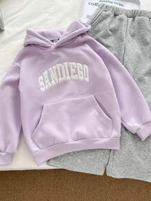 Genkimix Kids 女童紫色羊毛连帽运动衫和浅灰色运动裤套装，刺绣前襟设计，脚踝和袖口设计，时尚外观，适合春秋季节，适合大龄女孩，纯色，长袖，涤纶，松紧腰，适合户外，请根据我们的尺码表选择 - 淡紫色 - 查看 6