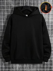 SHEIN 青少年男孩休闲简约抽象星星图案宽松长袖连帽加厚卫衣适合秋冬背面印有大图案，适合秋冬，适合上学和运动 - 黑色 - 查看 3