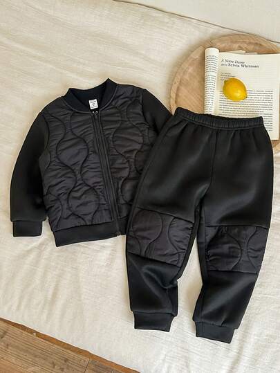 SHEIN 2 件套年轻男童休闲绗缝夹克和运动裤套装，舒适的学校服装、通勤服装、日常休闲服装，适合孩子年轻男孩返校服装、生日派对、婚礼、洗礼、毕业典礼、秋冬装，羊毛，加厚