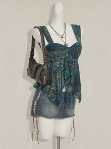 SHEIN ICON Women's Retro Sexy Elegant Bohemian Style Y2K Millennial Style Blue Paisley Pattern Sweetheart Neckline Chest Tie Pleated Slit Asymmetrical Hem Mesh See-Through Top