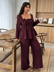 SHEIN PETITE CURVE 2件套大码女式圆领荷叶边下摆花卉装饰裤套装，秋冬 - 玫紅色 - 查看 6